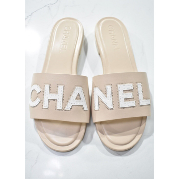 Chanel 23P Ivory White Leather CC Logo Letter Mules Slide Slip Sandal Flat 37.5 - Picture 7 of 12
